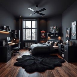 A stylish and modern teenager's bedroom design featuring dark black color tones