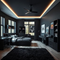 A stylish and modern teenager's bedroom design featuring dark black color tones