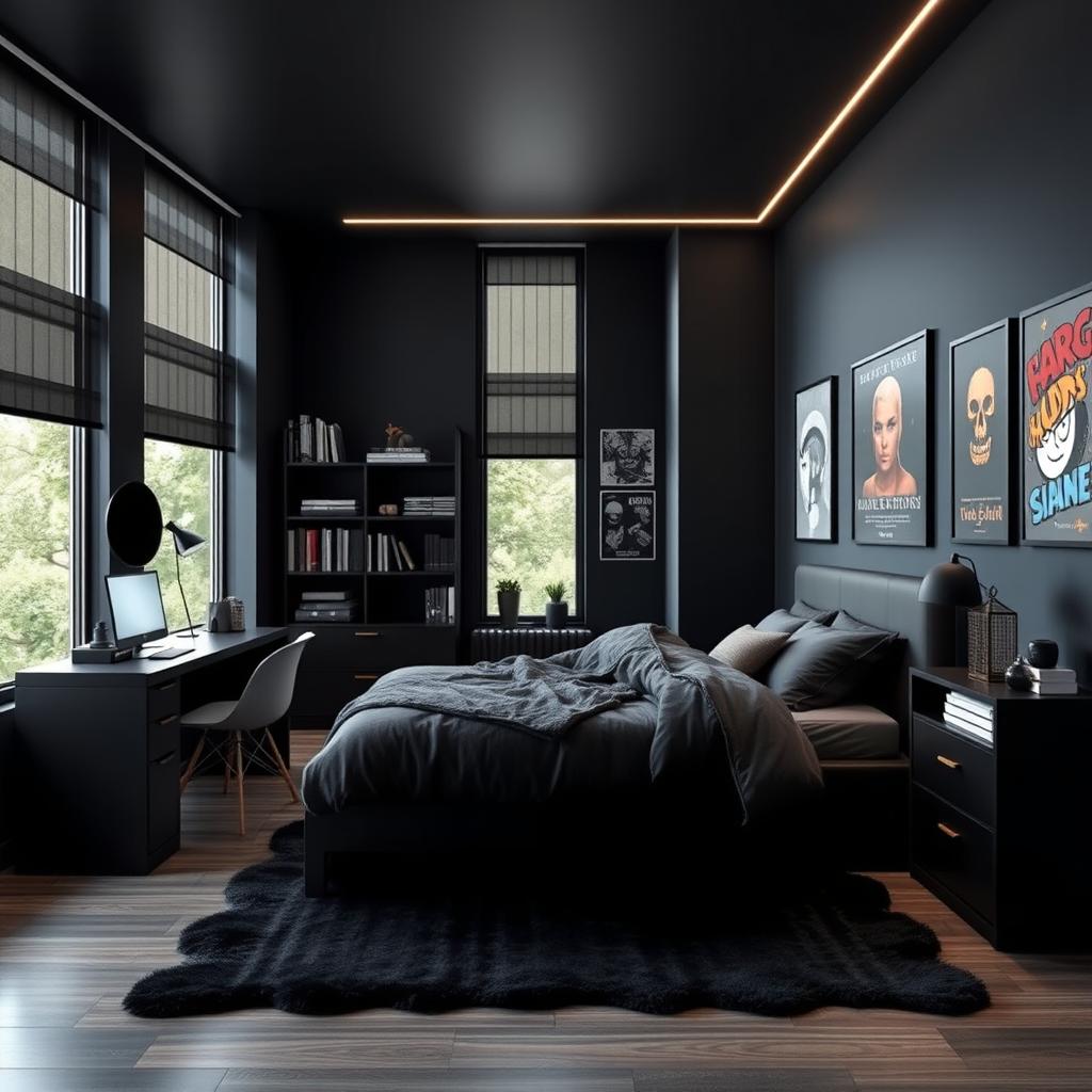 A stylish and modern teenager's bedroom design featuring dark black color tones