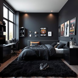 A stylish and modern teenager's bedroom design featuring dark black color tones