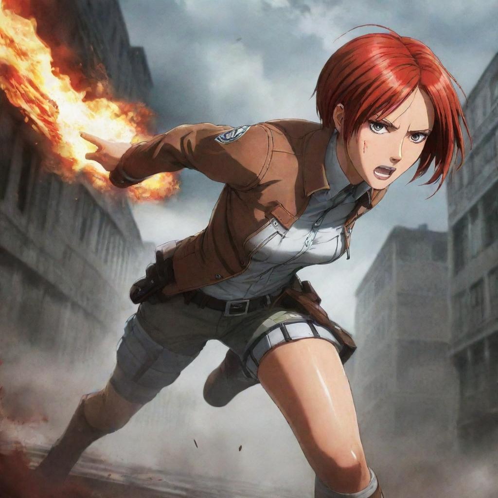 A high-quality illustration of the female character with striking red hair from Attack on Titan, amid a action-packed, dramatic setting.