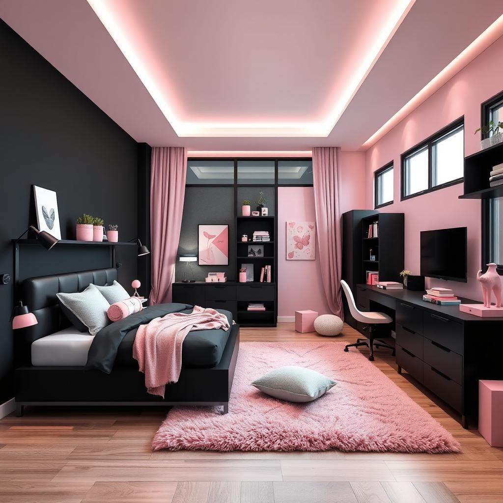 A stylish and modern teenager's bedroom design combining dark black color tones with soft pastel accents