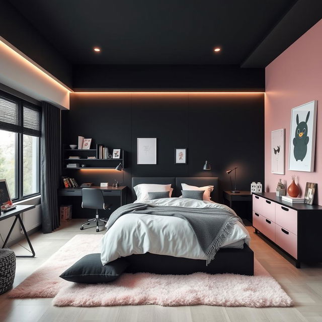 A stylish and modern teenager's bedroom design combining dark black color tones with soft pastel accents