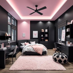 A stylish and modern teenager's bedroom design combining dark black color tones with soft pastel accents