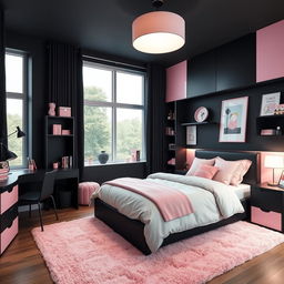 A stylish and modern teenager's bedroom design combining dark black color tones with soft pastel accents