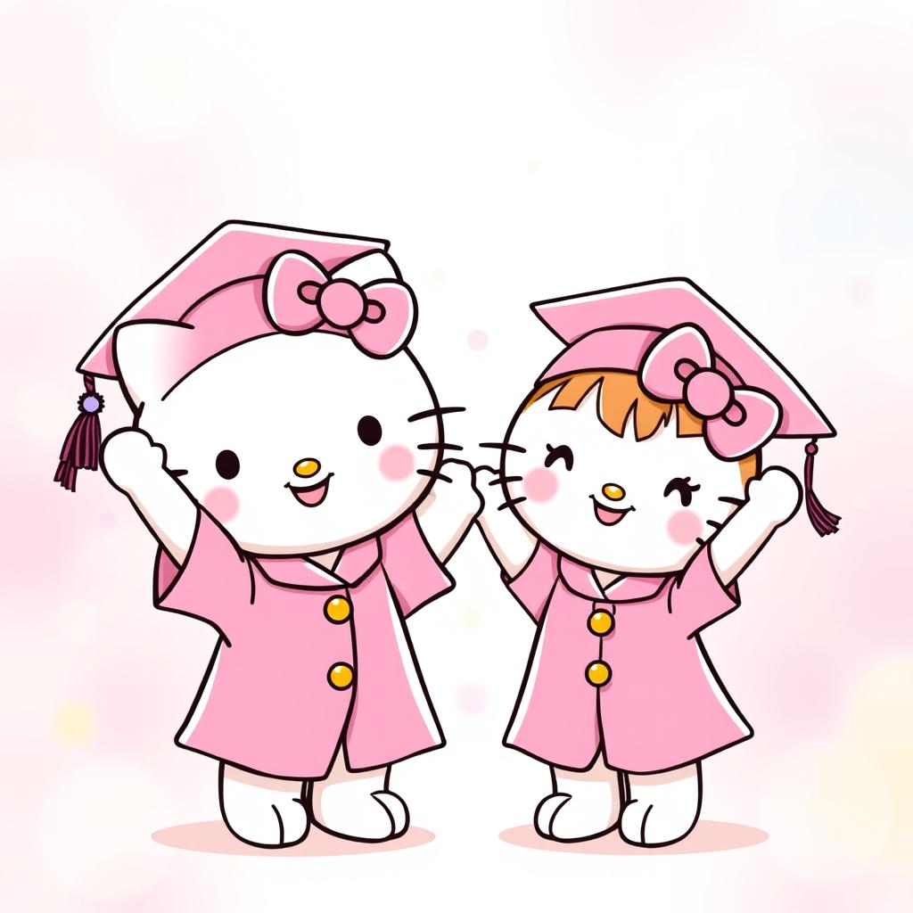 Hello Kitty and her twin sister, both adorable characters, wearing matching pink graduation caps and gowns, radiating joy and pride as they hold their diplomas high