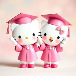 Hello Kitty and her twin sister, both adorable characters, wearing matching pink graduation caps and gowns, radiating joy and pride as they hold their diplomas high