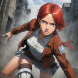 A high-quality illustration of the female character with striking red hair from Attack on Titan, amid a action-packed, dramatic setting.