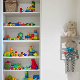 A small children's room transformed into a well-organized space featuring wall-mounted shelves filled with a variety of small colored toys.