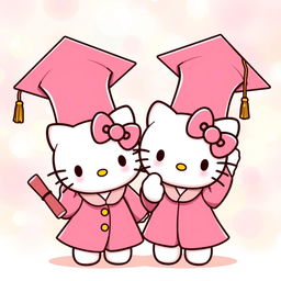 Hello Kitty and her twin sister, both adorable characters, wearing matching pink graduation caps and gowns, radiating joy and pride as they hold their diplomas high