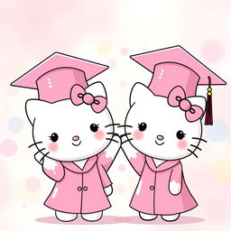 Hello Kitty and her twin sister, both adorable characters, wearing matching pink graduation caps and gowns, radiating joy and pride as they hold their diplomas high