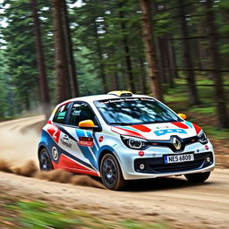 A Renault Twingo Rallye edition, emblazoned with colorful rally graphics and racing decals, is captured in an exciting rally stage setting