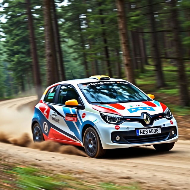 A Renault Twingo Rallye edition, emblazoned with colorful rally graphics and racing decals, is captured in an exciting rally stage setting