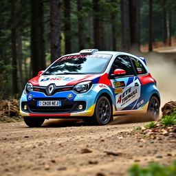 A Renault Twingo Rallye edition, emblazoned with colorful rally graphics and racing decals, is captured in an exciting rally stage setting