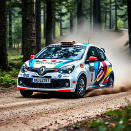 A Renault Twingo Rallye edition, emblazoned with colorful rally graphics and racing decals, is captured in an exciting rally stage setting