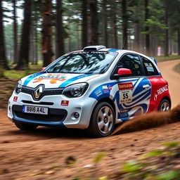 A Renault Twingo Rallye edition, emblazoned with colorful rally graphics and racing decals, is captured in an exciting rally stage setting