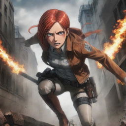 A high-quality illustration of the female character with striking red hair from Attack on Titan, amid a action-packed, dramatic setting.