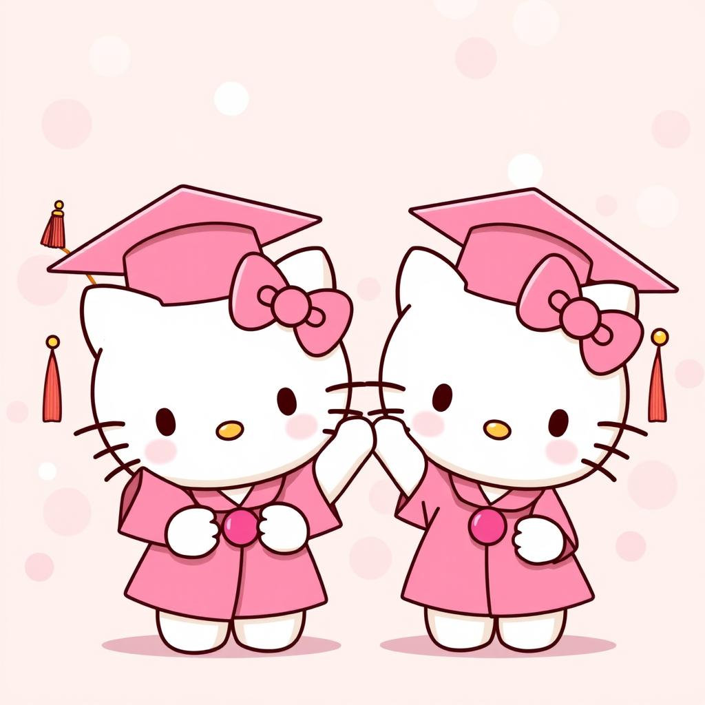 Hello Kitty and her twin sister, both charming characters, adorned in delightful pink graduation caps and gowns