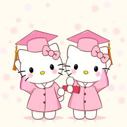 Hello Kitty and her twin sister, both charming characters, adorned in delightful pink graduation caps and gowns