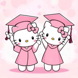 Hello Kitty and her twin sister, both charming characters, adorned in delightful pink graduation caps and gowns