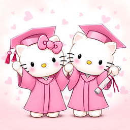 Hello Kitty and her twin sister, both charming characters, adorned in delightful pink graduation caps and gowns