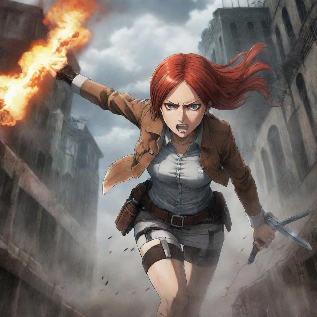 A high-quality illustration of the female character with striking red hair from Attack on Titan, amid a action-packed, dramatic setting.