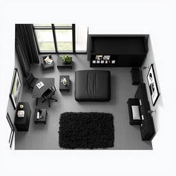 A detailed floor plan of a stylish teenage bedroom designed in black colors