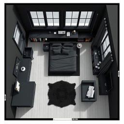 A detailed floor plan of a stylish teenage bedroom designed in black colors