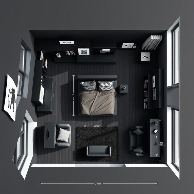 A detailed floor plan of a stylish teenage bedroom designed in black colors