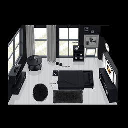 A detailed floor plan of a stylish teenage bedroom designed in black colors