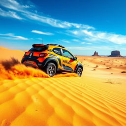 A Renault Twingo 1 rally raid car racing through a vast desert landscape