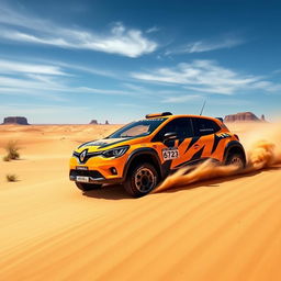 A Renault Twingo 1 rally raid car racing through a vast desert landscape