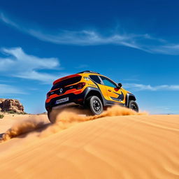 A Renault Twingo 1 rally raid car racing through a vast desert landscape