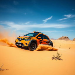 A Renault Twingo 1 rally raid car racing through a vast desert landscape