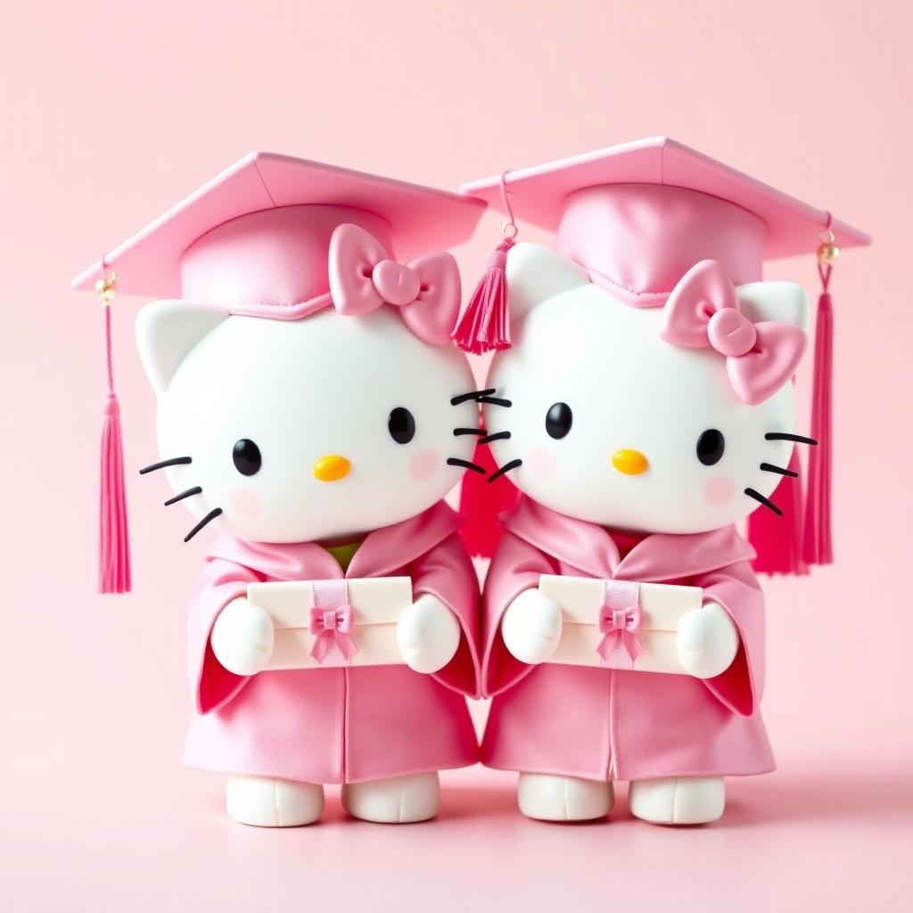 Hello Kitty and her twin sister, both endearing characters, donned in pink graduation caps and gowns, each adorned with matching pink bows