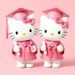 Hello Kitty and her twin sister, both endearing characters, donned in pink graduation caps and gowns, each adorned with matching pink bows