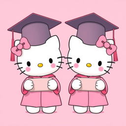 Hello Kitty and her twin sister, both endearing characters, donned in pink graduation caps and gowns, each adorned with matching pink bows