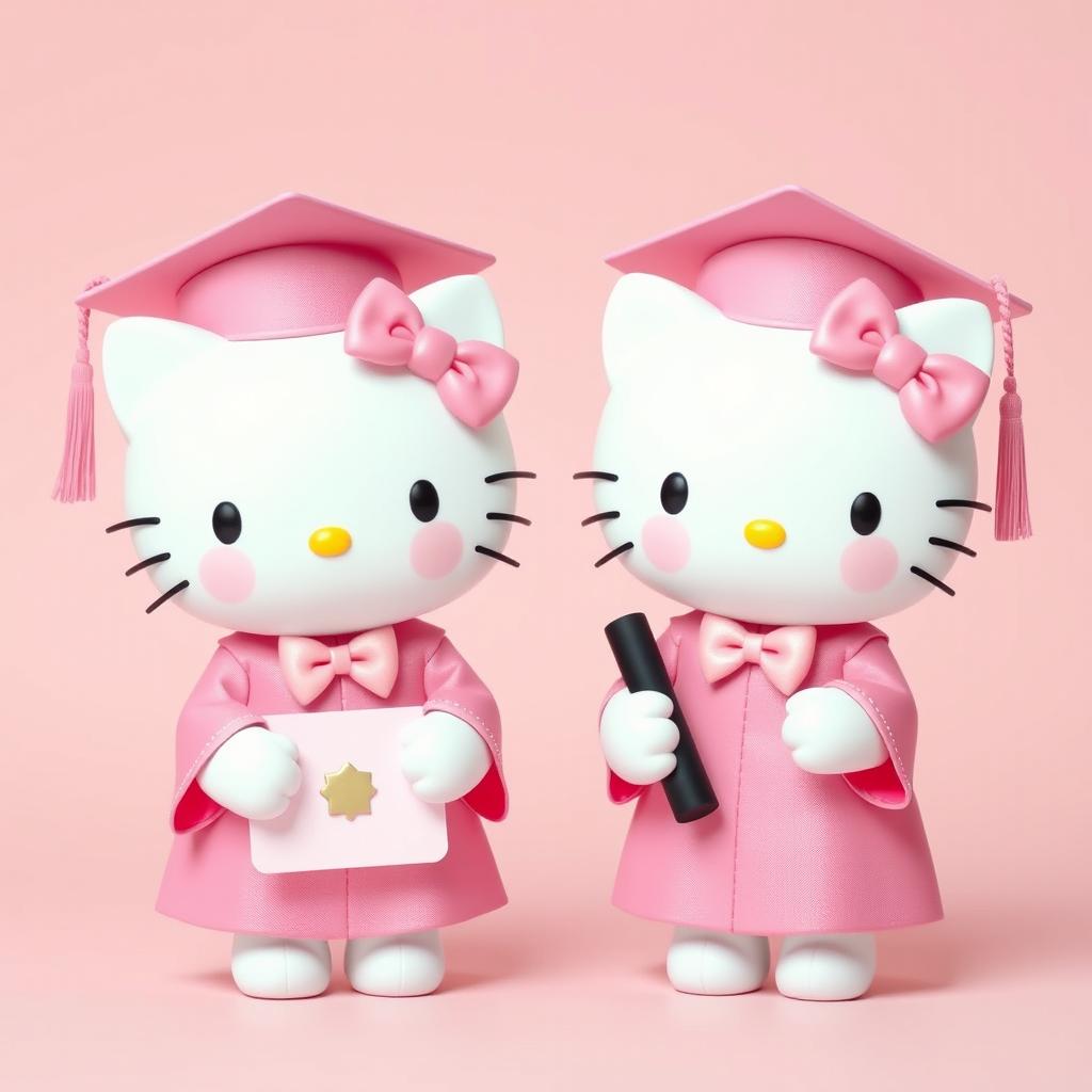 Hello Kitty and her twin sister, both endearing characters, donned in pink graduation caps and gowns, each adorned with matching pink bows