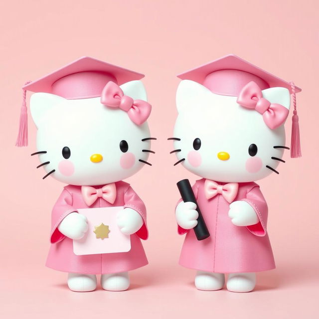 Hello Kitty and her twin sister, both endearing characters, donned in pink graduation caps and gowns, each adorned with matching pink bows