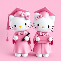 Hello Kitty and her twin sister, both irresistibly cute characters, dressed in elegant pink graduation caps and gowns adorned with matching pink bows