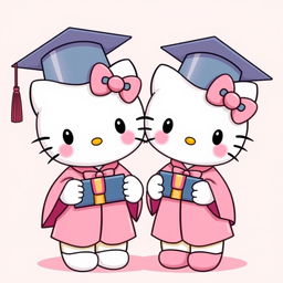 Hello Kitty and her twin sister, both irresistibly cute characters, dressed in elegant pink graduation caps and gowns adorned with matching pink bows