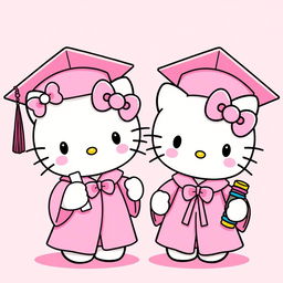 Hello Kitty and her twin sister, both irresistibly cute characters, dressed in elegant pink graduation caps and gowns adorned with matching pink bows