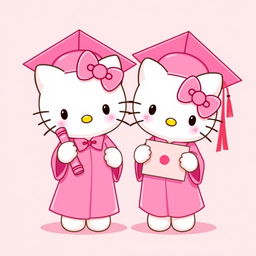 Hello Kitty and her twin sister, both irresistibly cute characters, dressed in elegant pink graduation caps and gowns adorned with matching pink bows