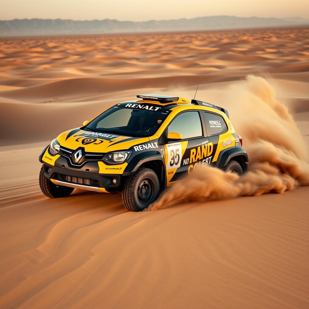 A Renault Twingo 1 transformed into a Dakar rally raid vehicle, charging through the barren and harsh desert landscape typical of the Dakar Rally