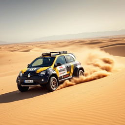 A Renault Twingo 1 transformed into a Dakar rally raid vehicle, charging through the barren and harsh desert landscape typical of the Dakar Rally