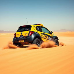 A Renault Twingo 1 transformed into a Dakar rally raid vehicle, charging through the barren and harsh desert landscape typical of the Dakar Rally