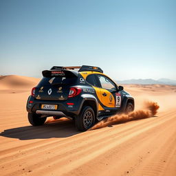 A Renault Twingo 1 transformed into a Dakar rally raid vehicle, charging through the barren and harsh desert landscape typical of the Dakar Rally