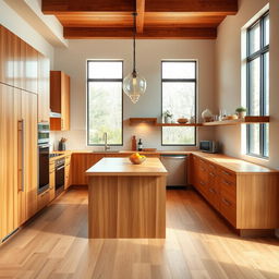 A modern kitchen design featuring warm wooden elements