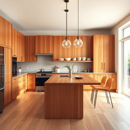 A modern kitchen design featuring warm wooden elements