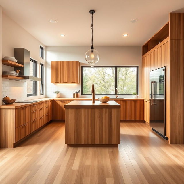 A modern kitchen design featuring warm wooden elements